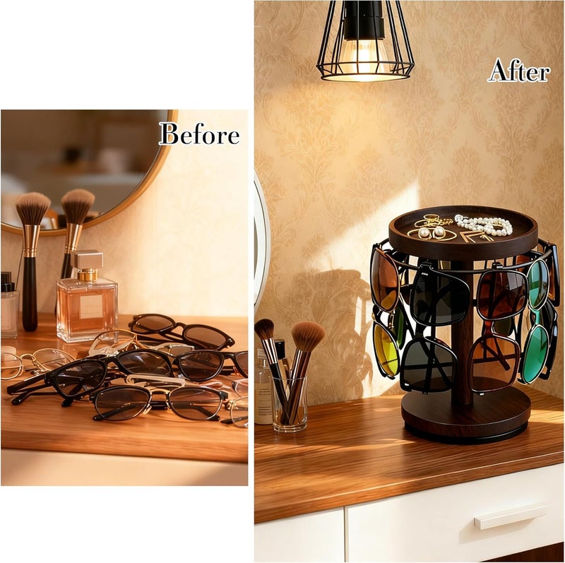 LingLingo Sunglasses Organizer 360° Rotating Eyeglass Holder Stand with Wood Tray and Base, Eye Glass Display Rack for Multiple Sunglass Storage for Table Dresser Nightstand Desk - Image 3